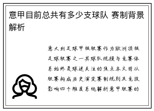 意甲目前总共有多少支球队 赛制背景解析