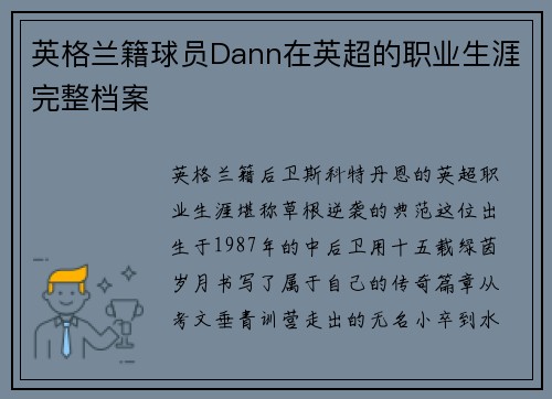 英格兰籍球员Dann在英超的职业生涯完整档案